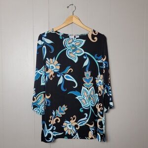 CHICO'S TRAVELRS BOLD BLACK BLUE FLORAL PRINT LIQUID TUNIC 3/4 SLEEVE WOMENS 1
